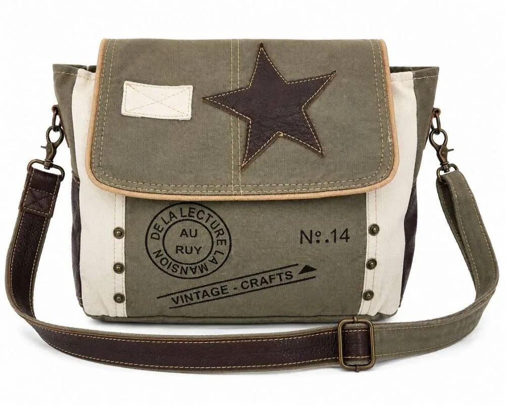 Vintage Crafts Canvas Leather Messenger Crossbody Bag Military Style Green
